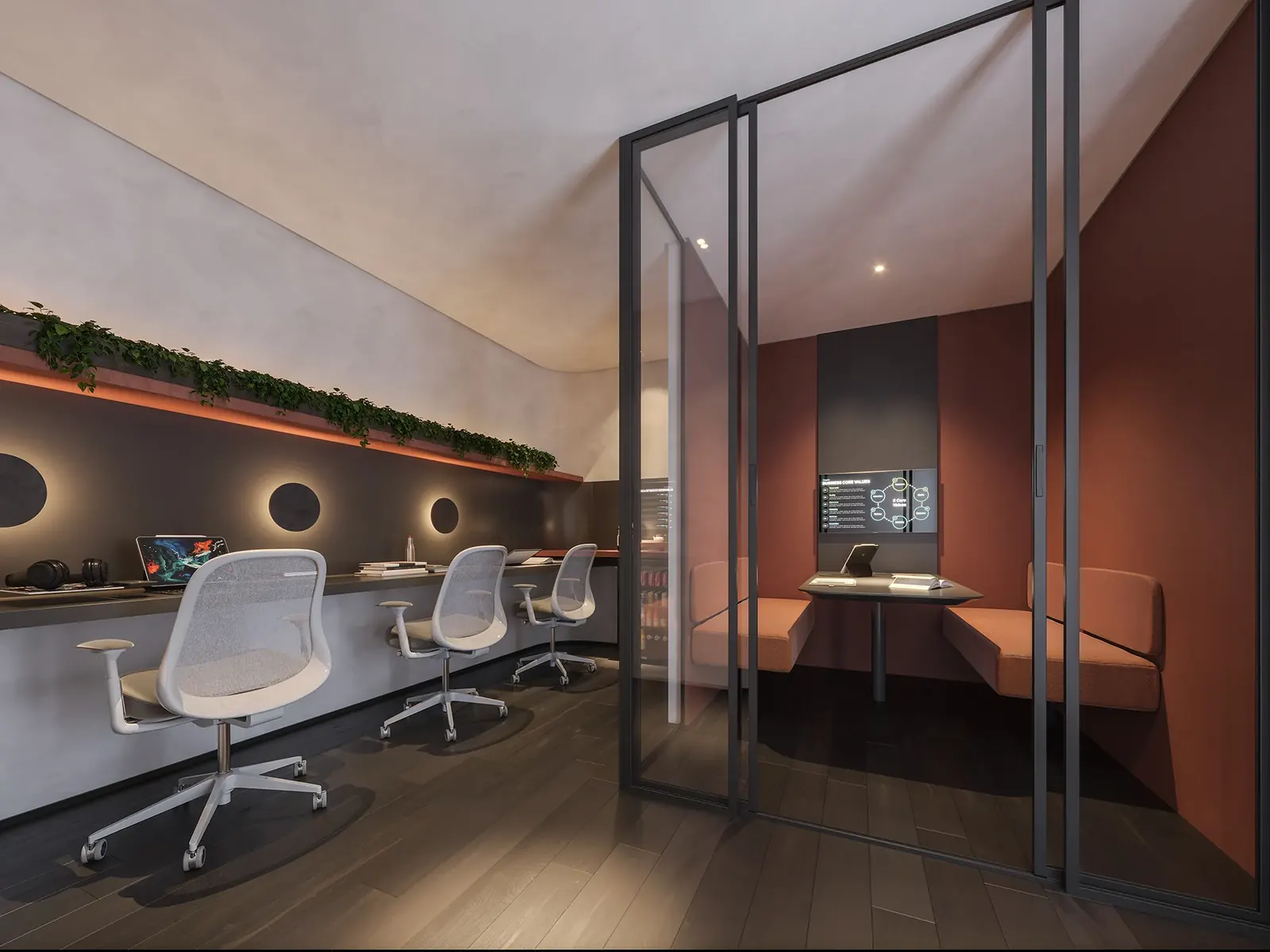 Coworking com estações de trabalho e sala de reunião reservada no EDGE Contorno