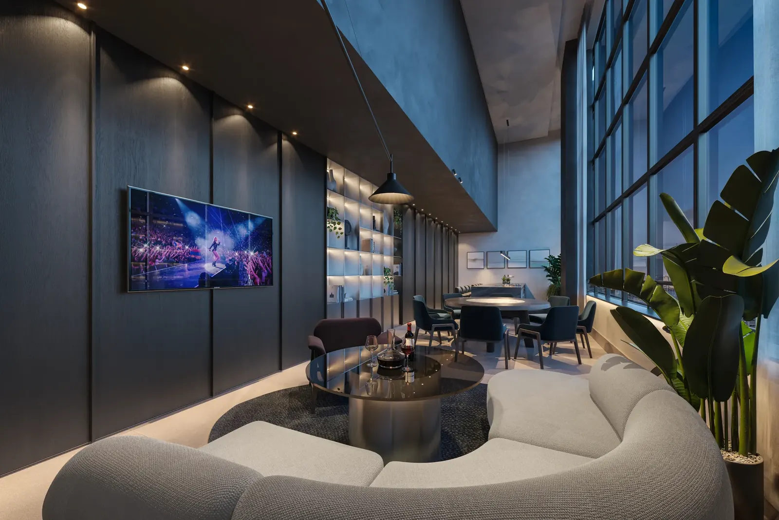 Lounge com pé-direito duplo, TV e mesa de jogos no EDGE Contorno
