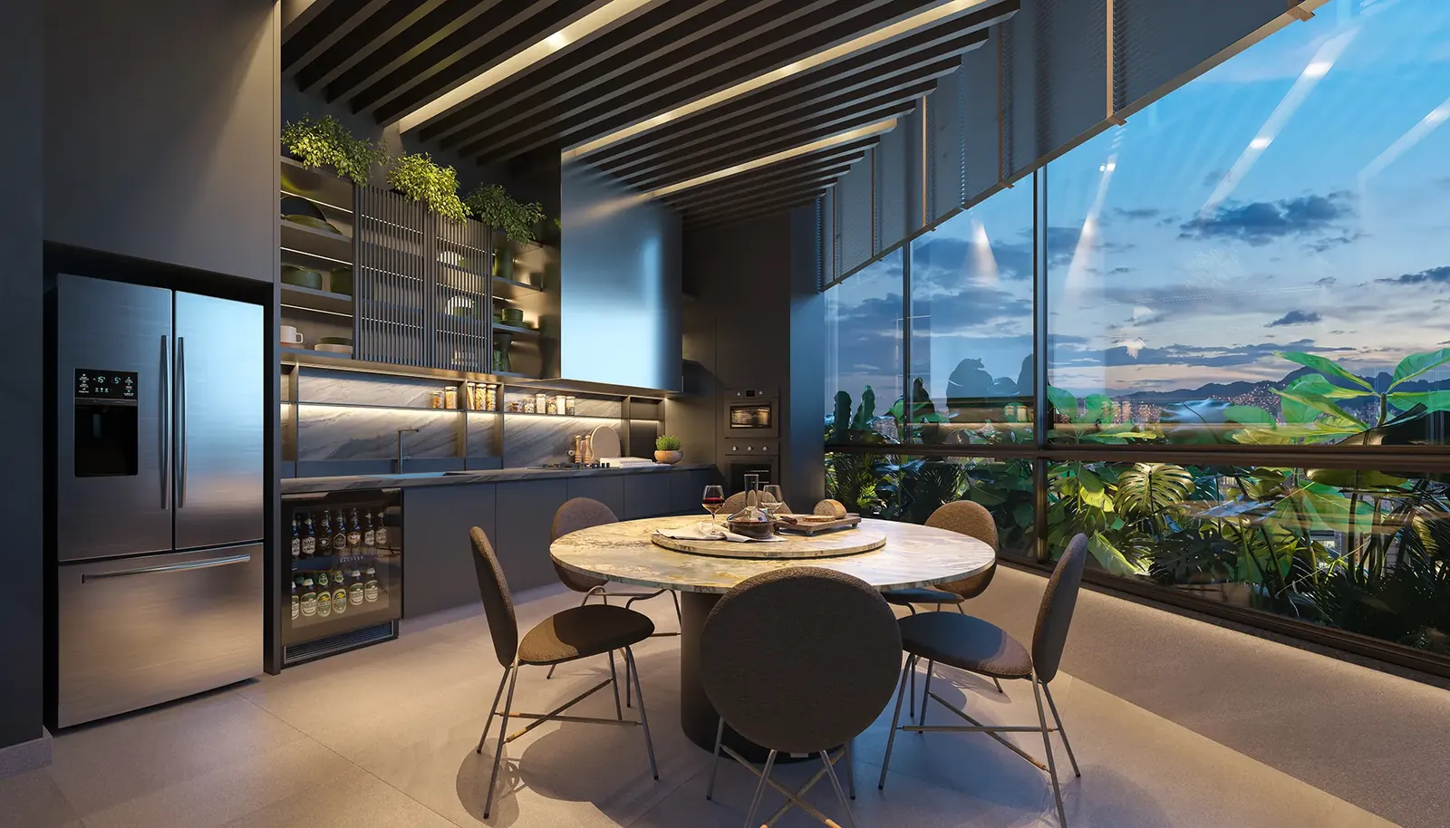 Espaço gourmet com cozinha completa e vista da cidade no EDGE Contorno