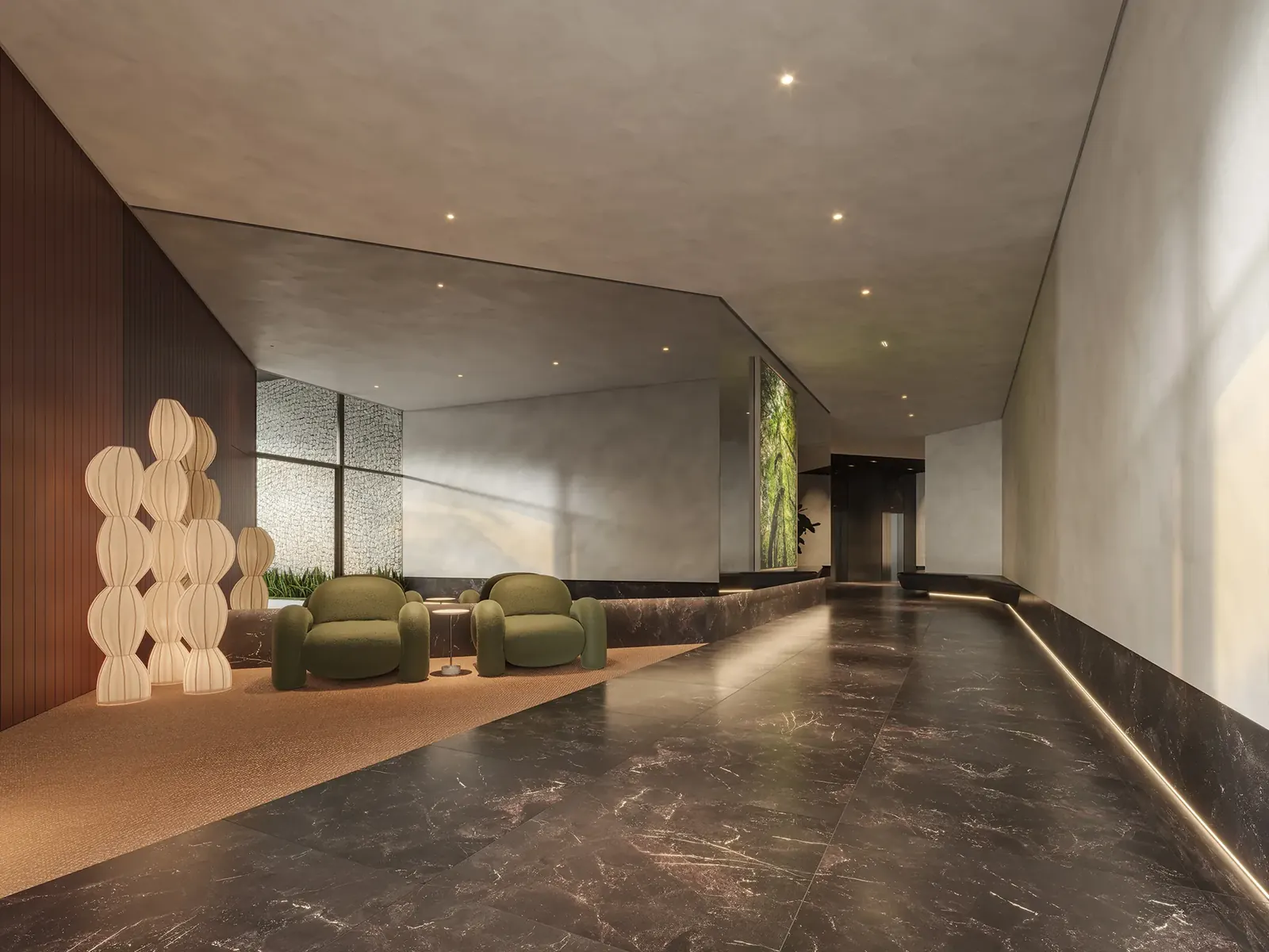 Lobby de acesso do EDGE Contorno com poltronas de design e piso em mármore