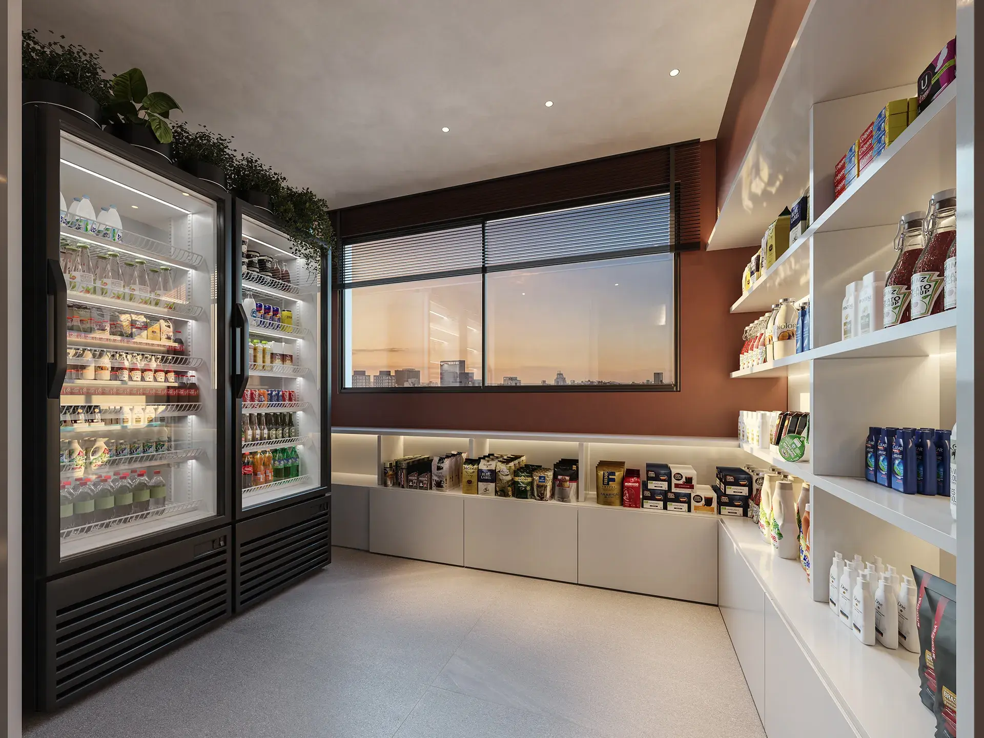 Mercado interno 24h com bebidas e itens de conveniência no EDGE Contorno